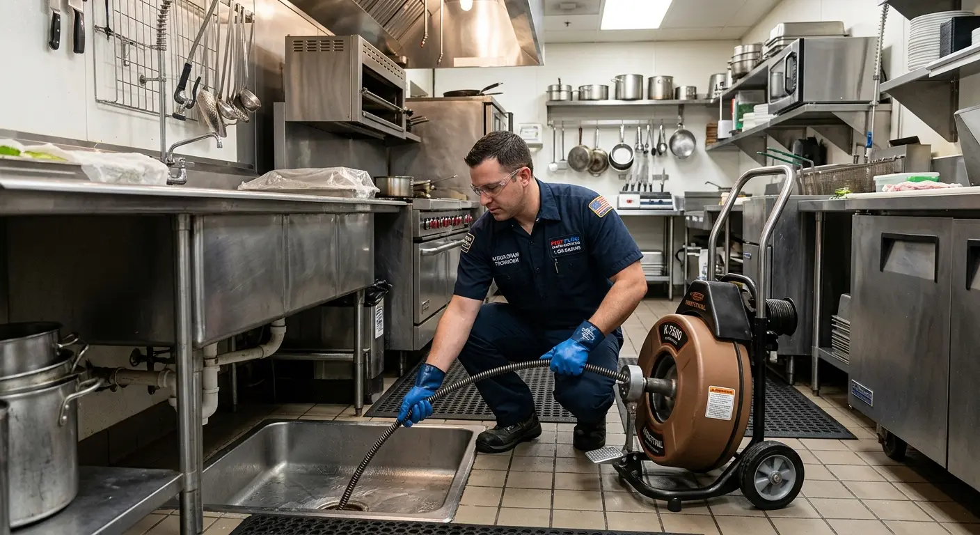 Commercial drain cleaning service in a restaurant kitchen in North Logan