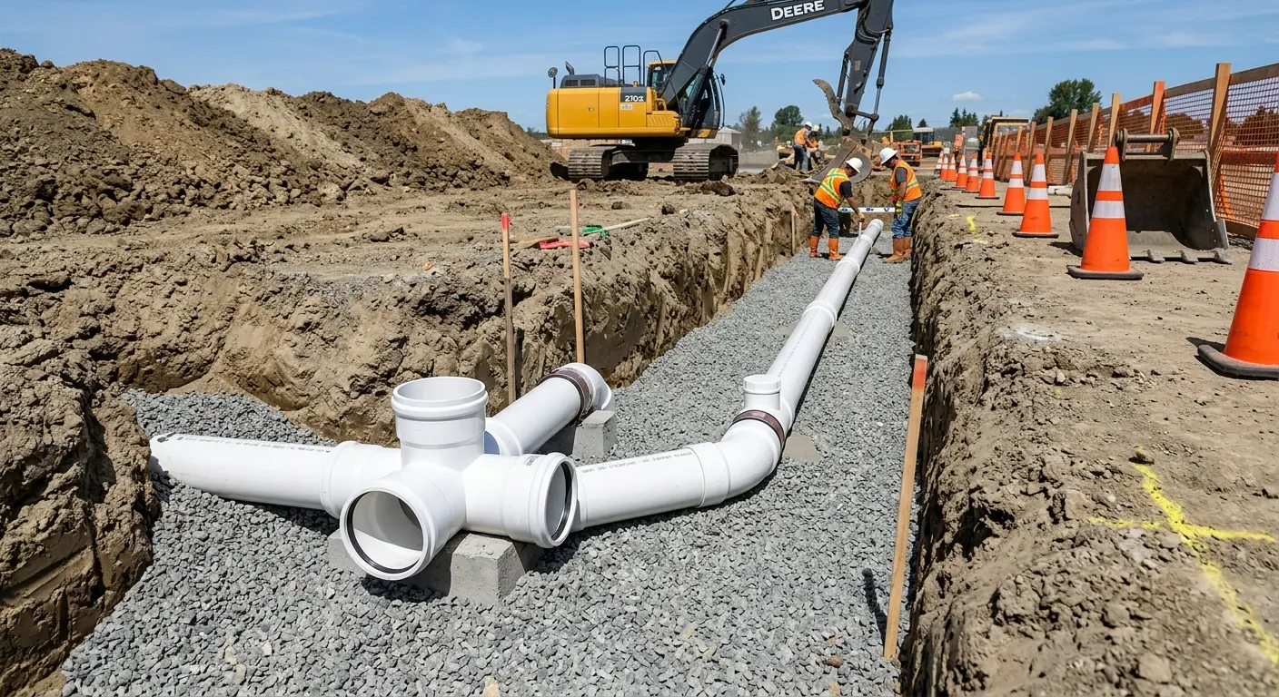 New PVC sewer pipe installation in open trench for Sewer Backup in North Logan