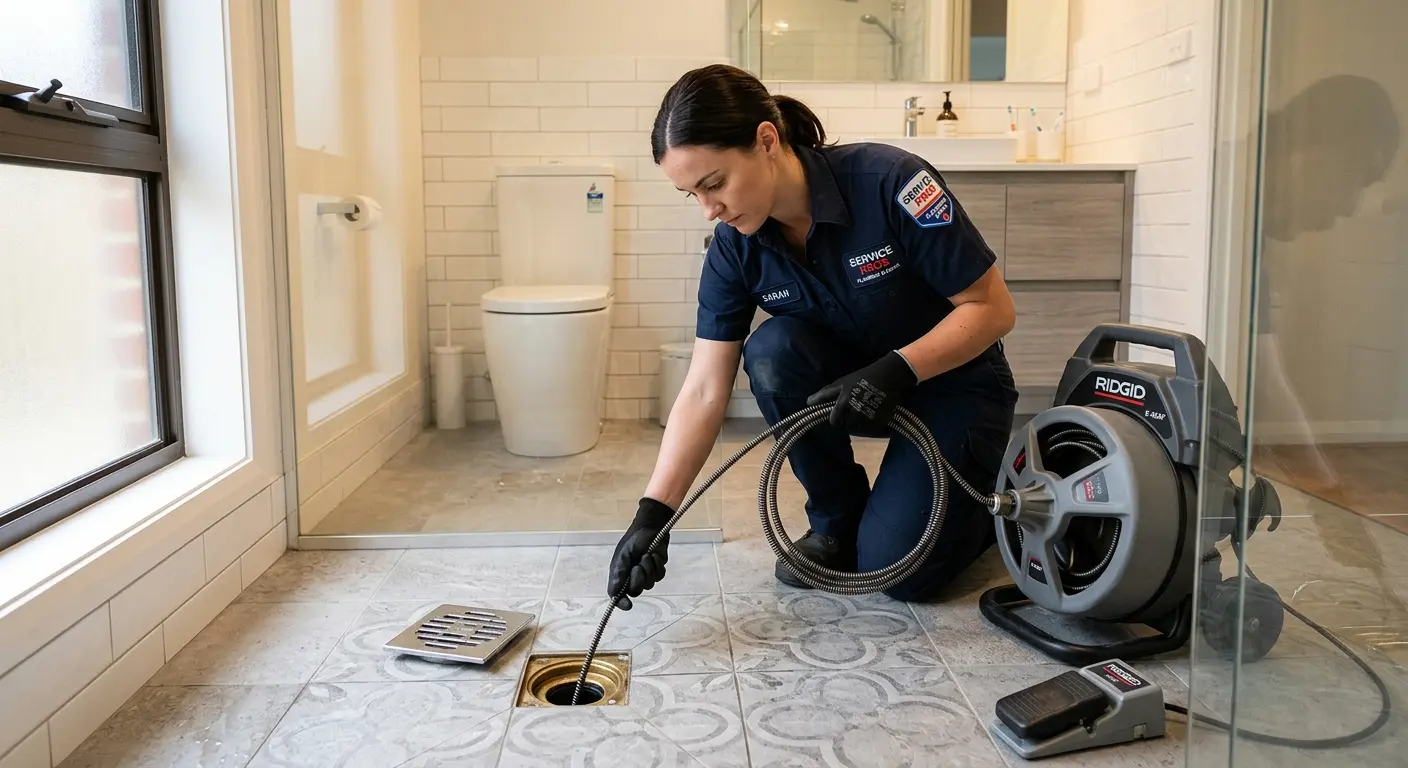 Technician clearing a bathroom floor drain for Drain Cleaning in North Logan